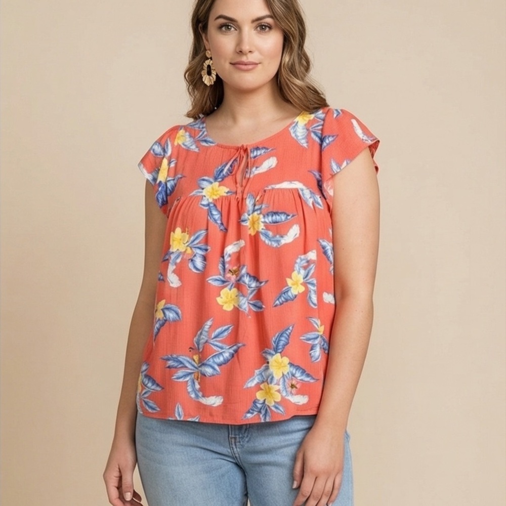 Floral Red Blouse with Blue and Yellow Accents
